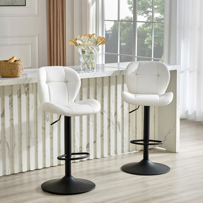 Ensemble de 2 tabourets de bar réglables en hauteur, chaises capitonnées en polyuréthane blanc avec base en métal noir et repose-pieds pour îlot de cuisine, bar et pub