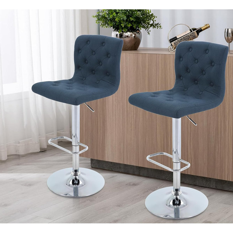 Tufted Fabric Bar Stools Set of 2, Adjustable Swivel Counter Height Barstools with Back, Upholstered Armless Airlift Bar Chairs for Kitchen Dining Cafe