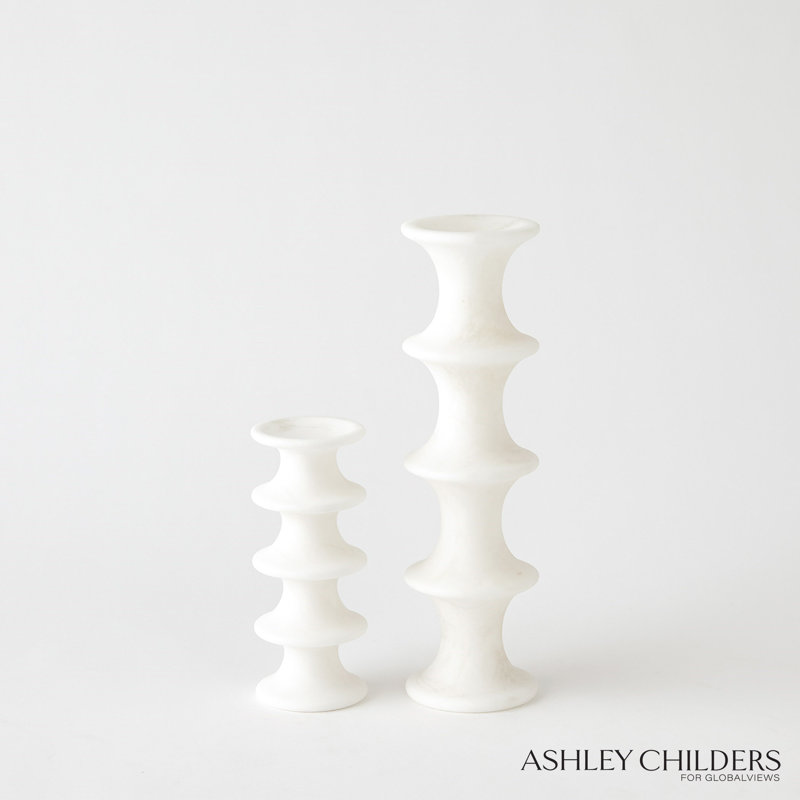 Ridge Alabaster Candlestick-Lg, 7.25" H x 3" W x 3" D, White