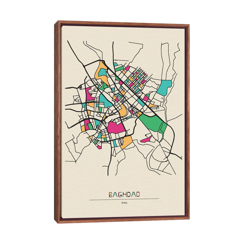 Baghdad, Iraq Map by Ayse Deniz Akerman - Print on Canvas, Brown Floater Frame, 66.04 cm H x 45.72 cm W