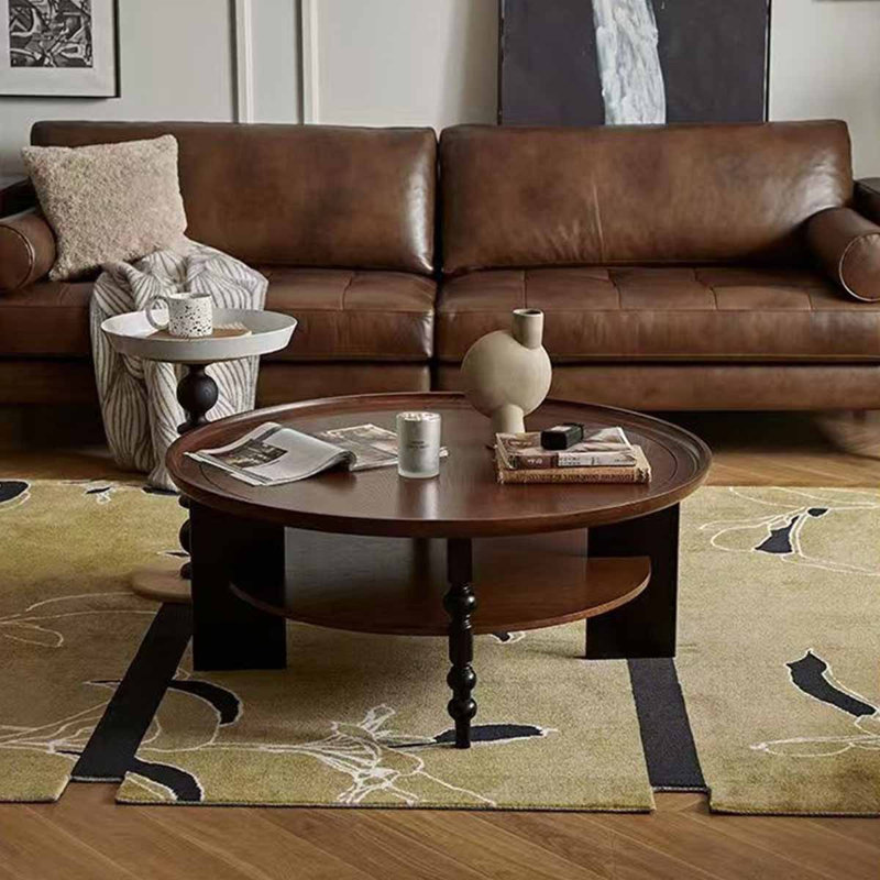 Ensemble de tables basses rondes en bois massif brun, Brun et noir