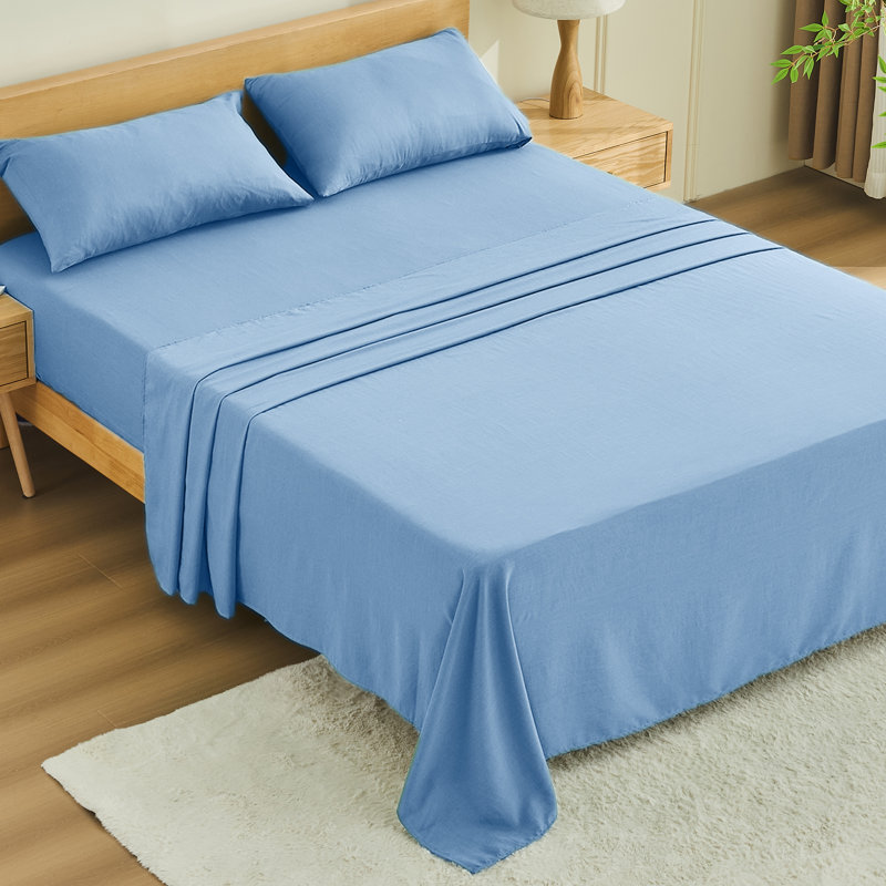 4 Piece Twin Size Sheet Set, 100% Rayon Derived from Bamboo Sheet Set, Cooling & Breathable, Luxury Silky Soft, Deep Pocket up to 16", Blue