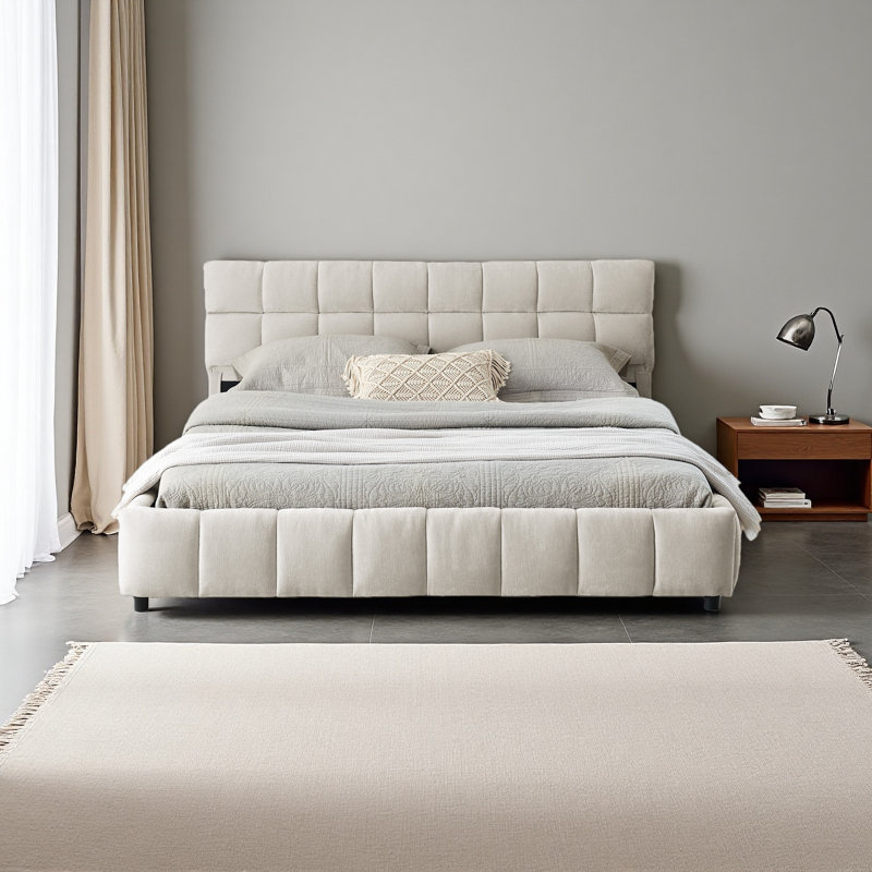 Grand lit tapissier, cadre de lit rembourré confortable, tissu chenille, avec tête de lit et cadre de lit solide. Avec tiroir pour le rangement