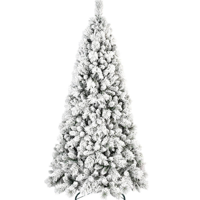 Arbre de Noël enneigé 8 pi, 1445 pointes de branches, branches enneigées à aiguilles dures, structure à charnières pour une installation simple, espaces festifs à base en métal de 8 pi avec et aiguille, installation rapide, présentoirs robustes