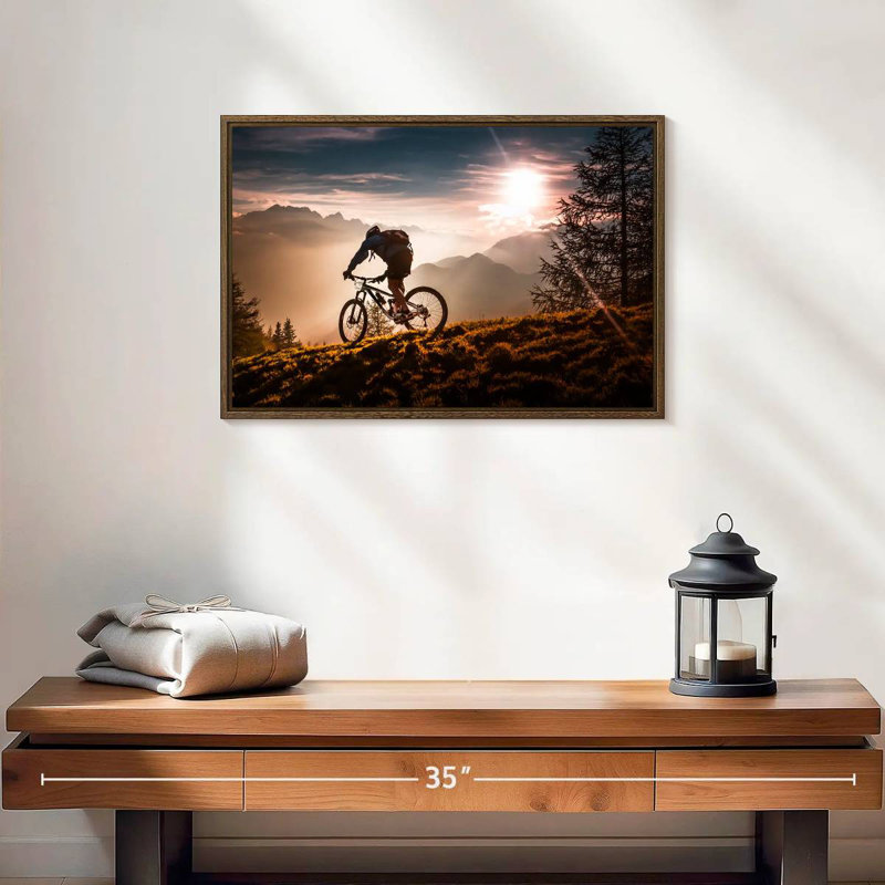 Coucher de soleil à vélo au coucher du soleil, 13 po x 9 po, Cadre flottant noyer