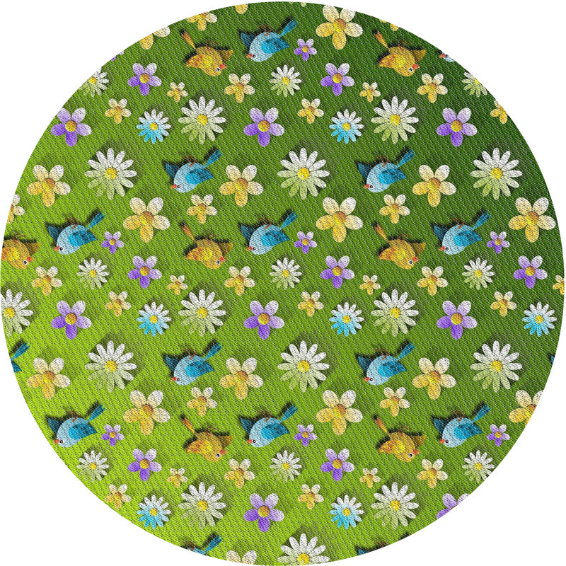 Tapis vert/jaune à motifs, Rond 7 pi