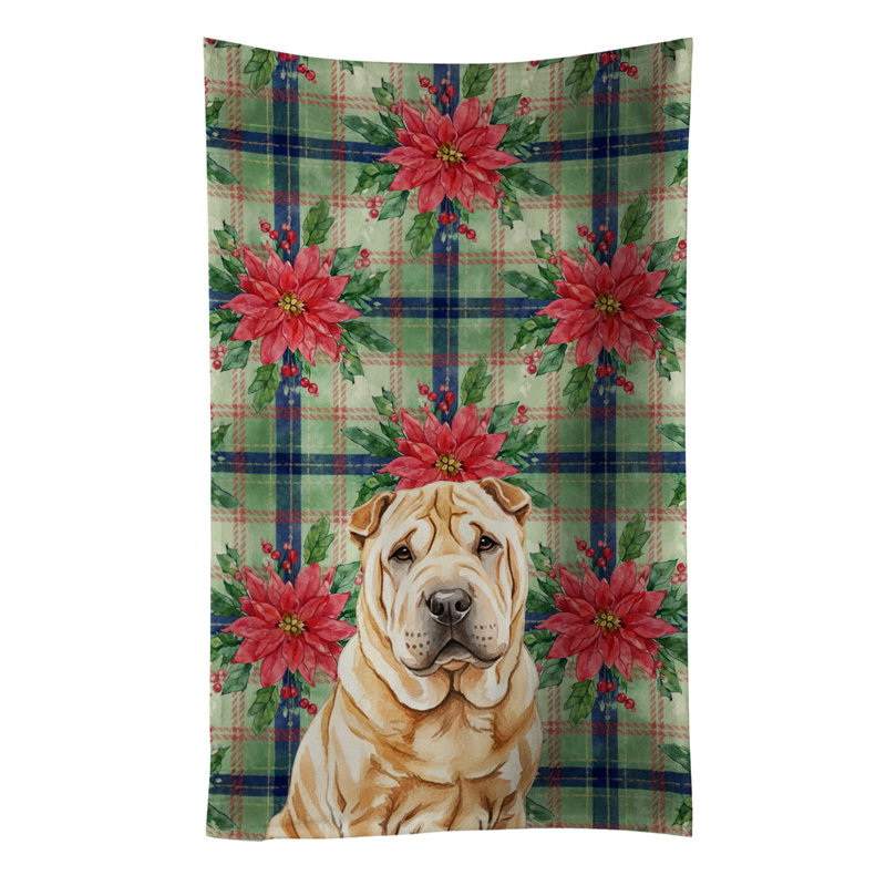 Red Shar Pei Christmas PoinsettIas Kitchen Towel, Red Shar Pei