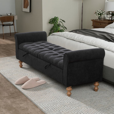 Upholstered Button-Tufted Storage Bench With Double Lids
