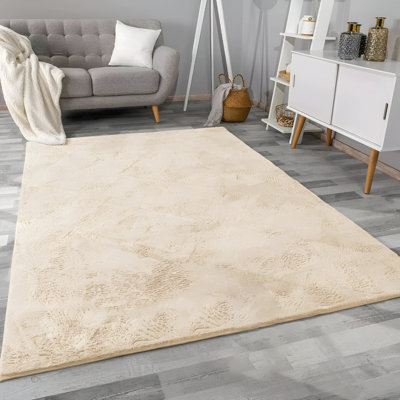 Akzel Designer Beige Faux Fur Shag Area Rug - Sumptuous Textured Throw for Elegant Interiors