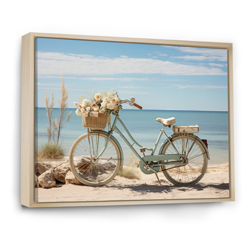 Vélo à pédales tranquilles près de la plage - impression, H 12 po x l 20 po x P 1 po, Cadre flottant brun