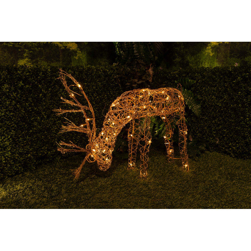 Outdoor Rattan Grazing Reindeer Lawn Decoration with LED Lights, 24", Small