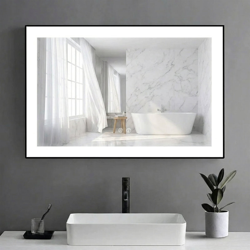 Miroir de salle de bain à DEL avec cadre noir mat Cristianna, H 27,56 po x l 58,27 po
