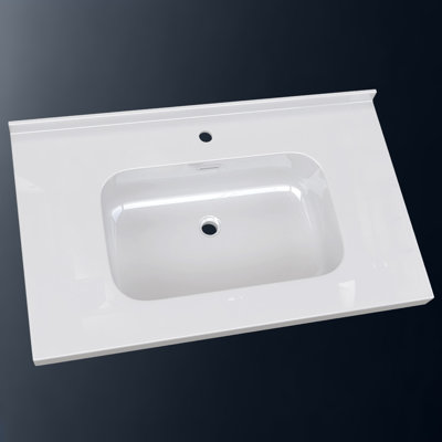 36 Inch Solid Surface Bathroom Vanity Top with Integrated Sink, Bright White 2" Thick Modern Countertop, 1.38" Rear Backsplash, Smooth Edge Design, Waterproof & Easy Install