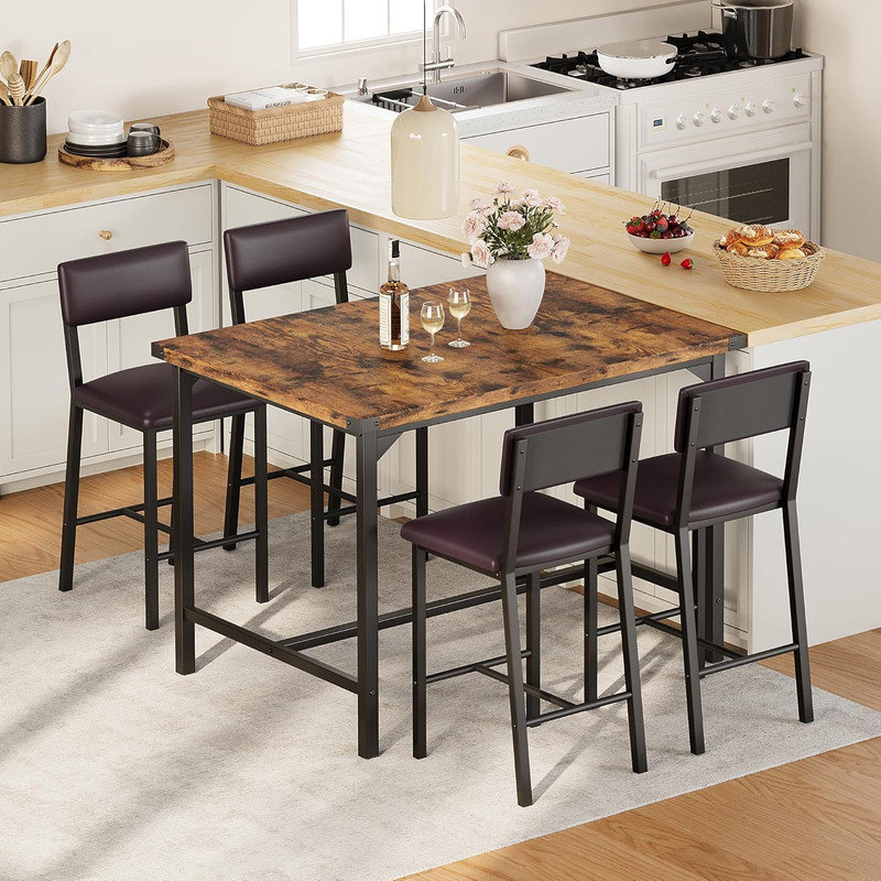 Dining Table Set for 4 – 5-Piece Counter Height Table with 4 Upholstered Bar Stools, Footrest & Corner Protector for Kitchen, Apartment