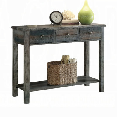 Console au fini gris antique et bleu sarcelle, plateau rectangulaire en bois avec deux tiroirs et espace de rangement ouvert, limite de poids de 70 lb, tiroir en bois synthétique rustique de 40 lb, 15,6 po Profondeur, 43,09 de largeur, 32,69