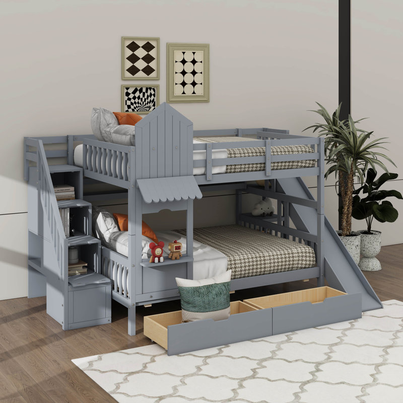 Full-Over-Full Castle-Themed Bunk Bed, Wooden Bunkbed With 2 Drawers & 3 Shelves, Including Slide And Storage Stairs, Gray