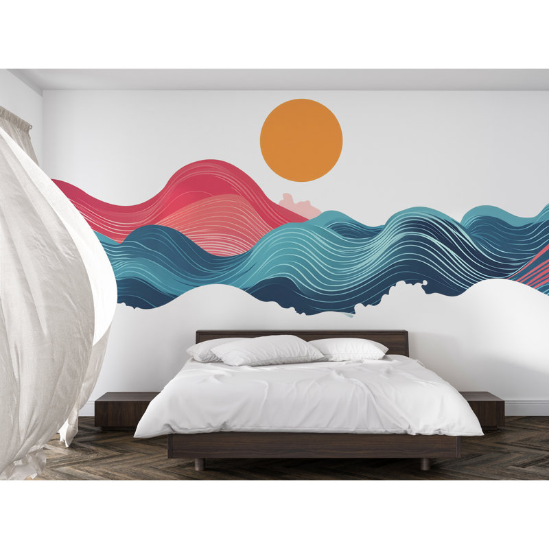 Grande murale en forme de vague océanique, décalque de coucher de soleil coloré pour chambre à coucher, art mural amovible moderne bord de mer 095Mv