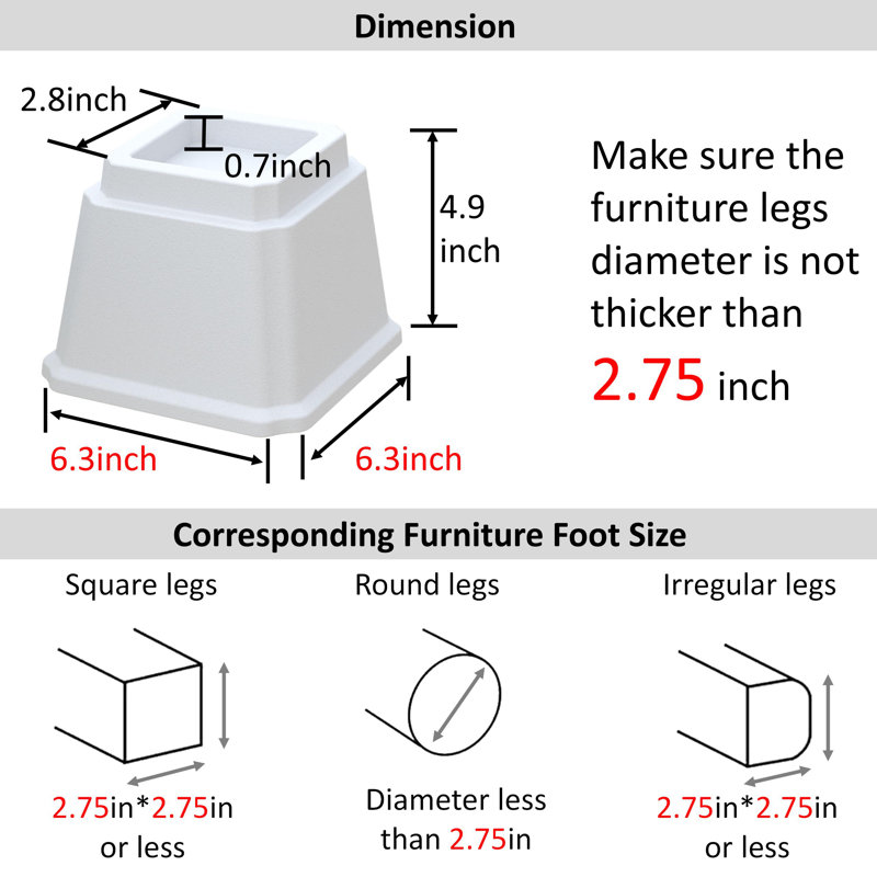 Ensemble de 6 élévateurs de lit robustes, H 4,9 po x l 6,3 po x L 6,3 po, Blanc