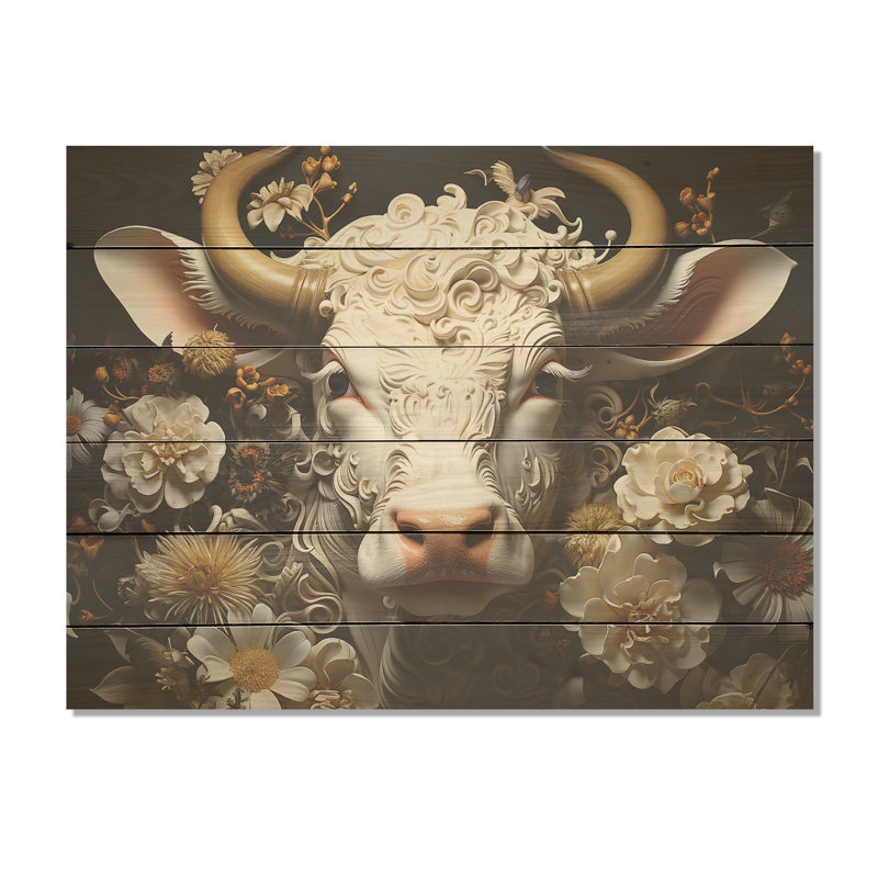Baroque Cattle Portrait - Cow Wood Wall Art On Natural Pine Wood, 24" H x 32" W