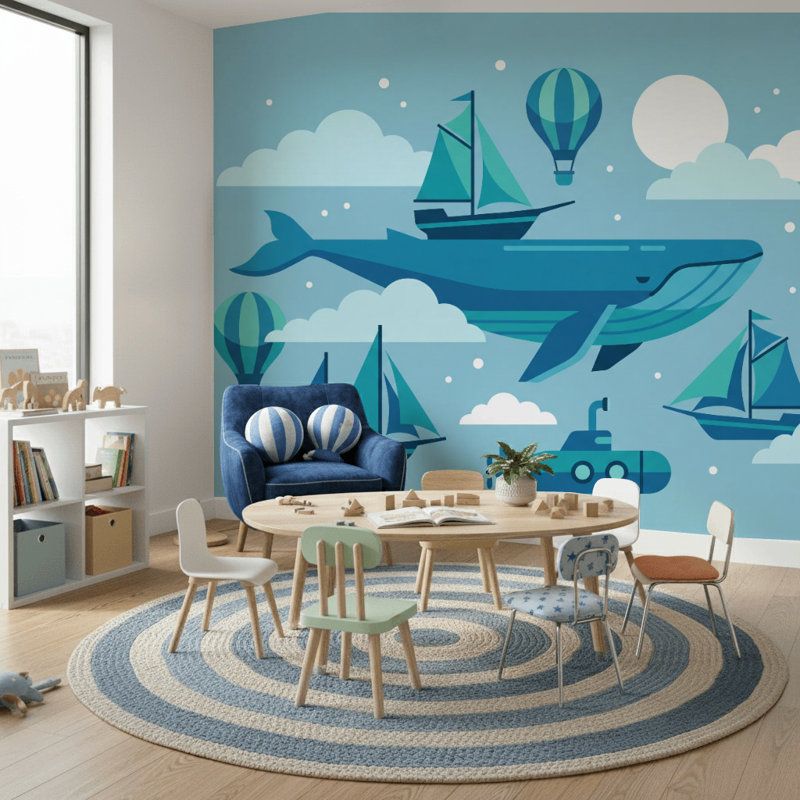 Murale baleine avec voiliers, Texturé non collé, 100 po x 96 po