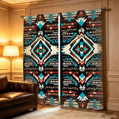 2 pièces rideaux noirs à motif tribal géométrique, motif aztèque Southwestern Diamond, filtrage de la lumière et protection de la vie privée, passe-tringle, pour le salon, la chambre à coucher, le balcon et la cuisine