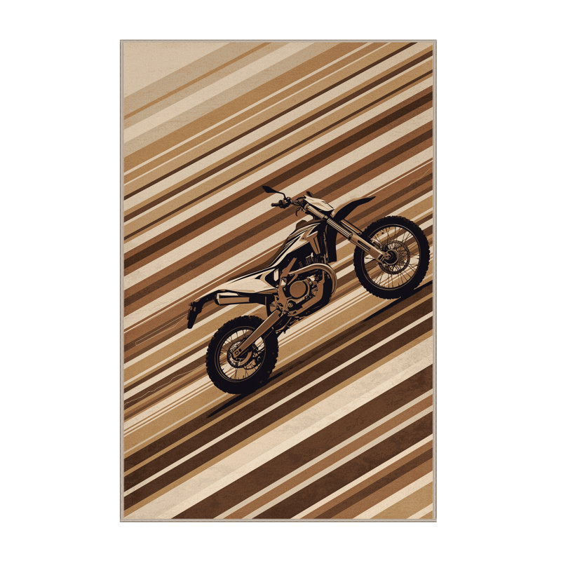 Machine Washable Vehicles And Transportation Offroad Dirt Bike Modern Rustic Striped Rug in Brown – Beige Binding, 2x4