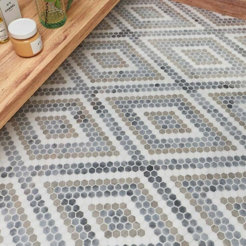 Juno 1" Diamond Hexagon Polished Marble Mosaic, Beige/Gray