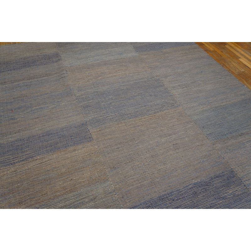 Tapis bleu / gris en laine noué à la main de conception unique 9 pi x 12 pi