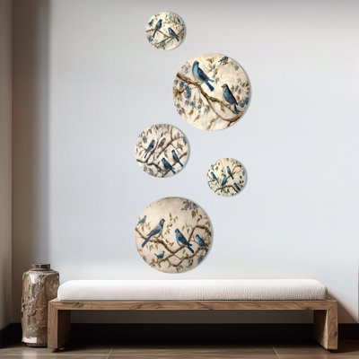 Ensemble de 5 décorations murales 4 oiseaux bleus rétro sur une branche I