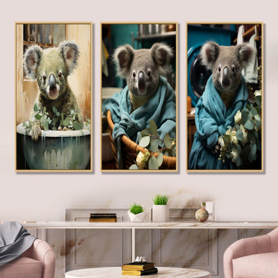 Koalas Laundry Time - Ensemble de 3 reproductions d'art sur toile