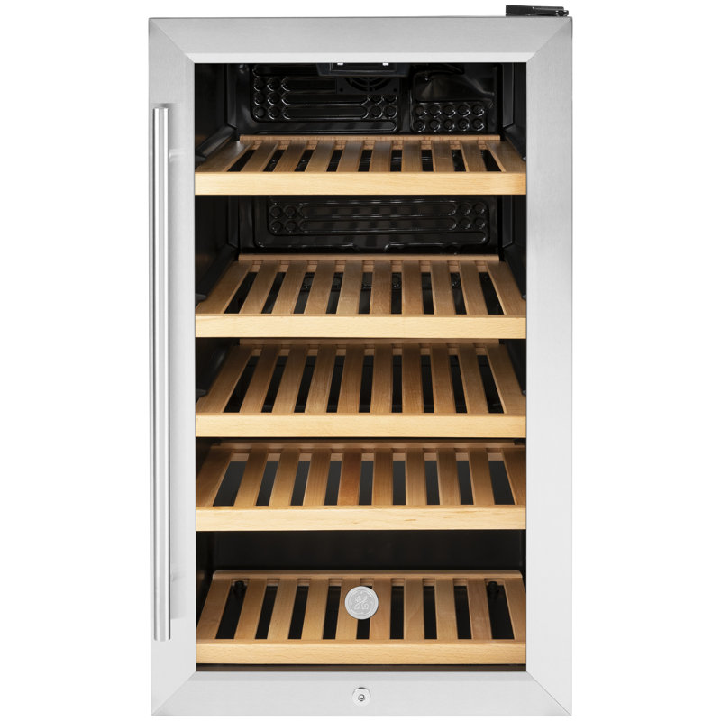 Stainless Steel Freestanding Beverage Refrigerator with Oak Shelves