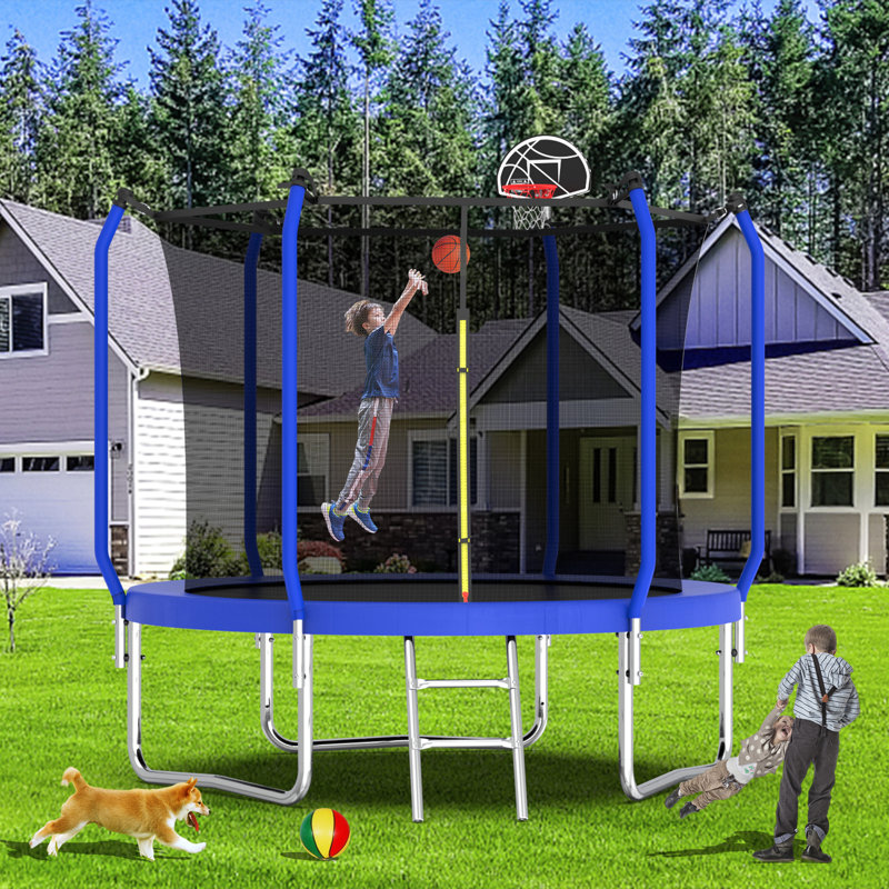 Blue 10FT Round Trampoline with Enclosure and Basketball Hoop