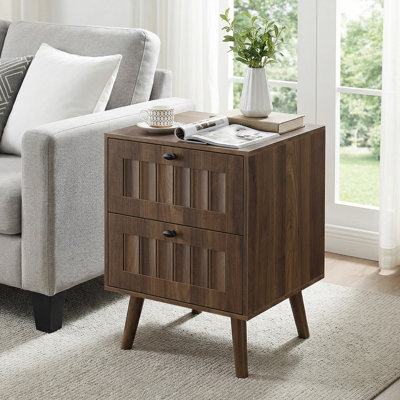 Walnut Finish 2-drawer Retro Vertical Groove Bedside Cabinet