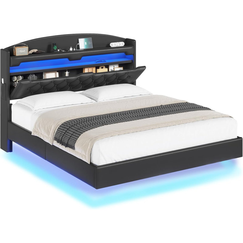 Base de lit flottante avec tête de lit cachée, base de lit à DEL flottante avec station de charge, lit plateforme tapissier en cuir avec rangement