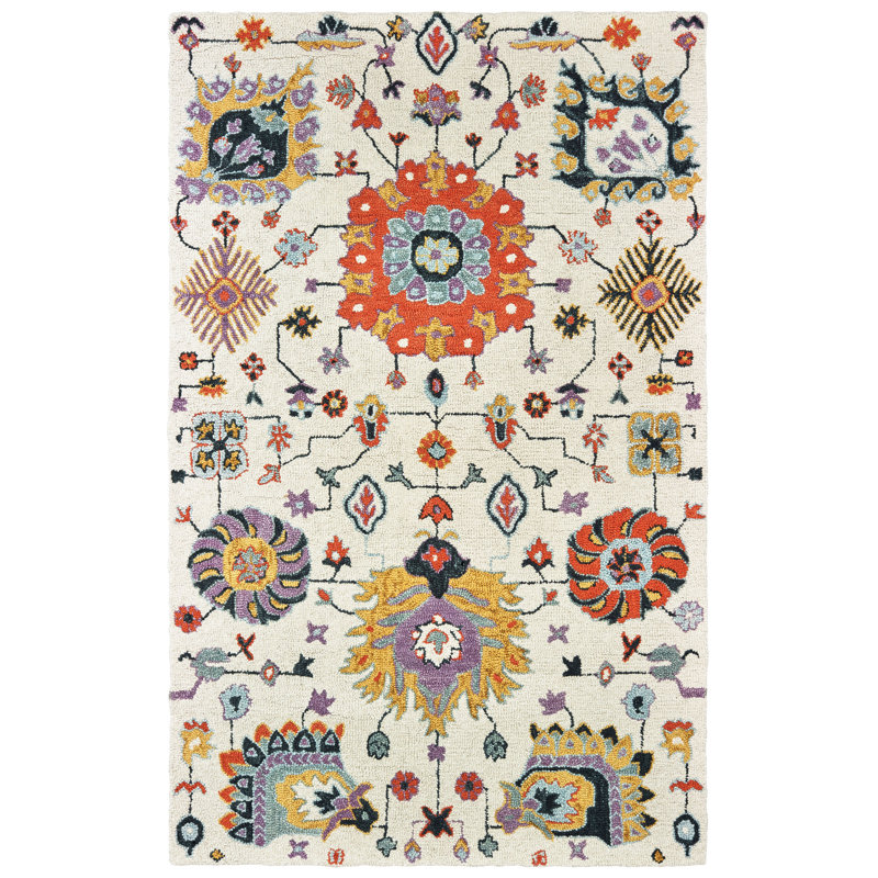 Tapis ivoire / orange en laine touffeté à la main Imogène, Rectangle 5 pi x 8 pi