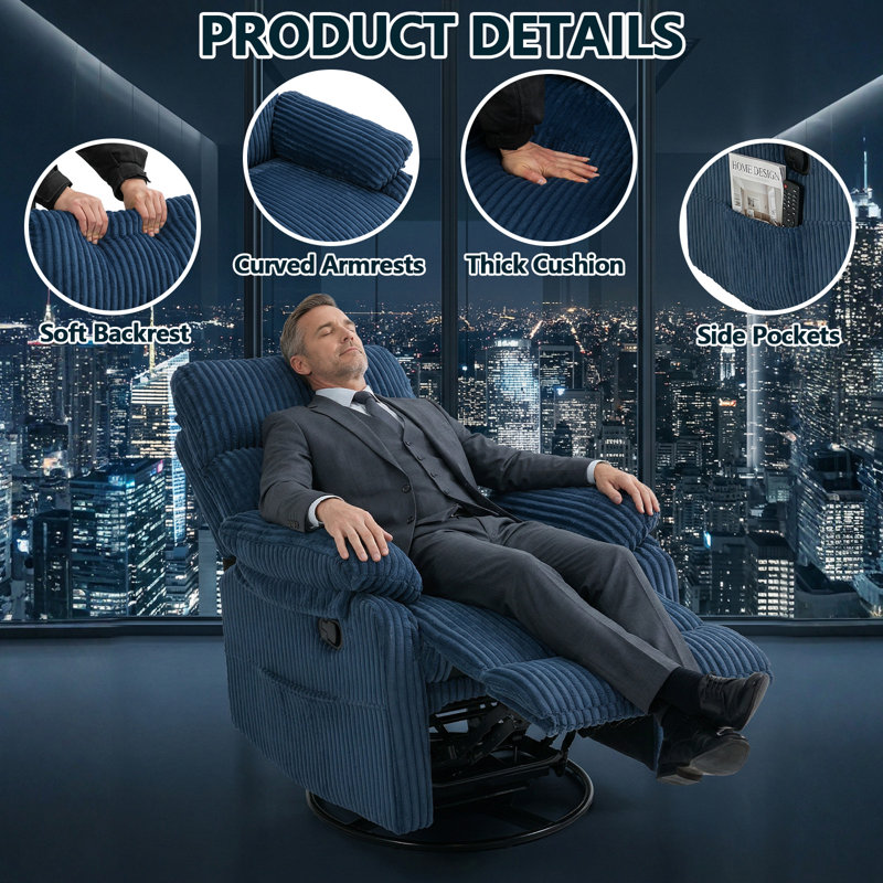 Fauteuil inclinable pivotant 1 pièce 29 po x 39 po x 39 po en velours côtelé avec pivot à 360 ° et design compact