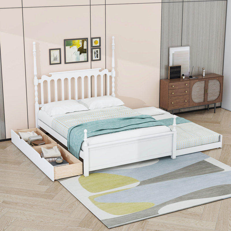Grand lit plateforme à 2 tiroirs avec lit gigogne simple TG et tête de lit à broche classique, Blanc