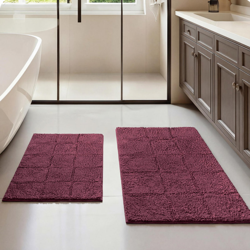  Brentwood Non-Slip Checkered 100% Premium Cotton Bathroom Rug Set, Plum