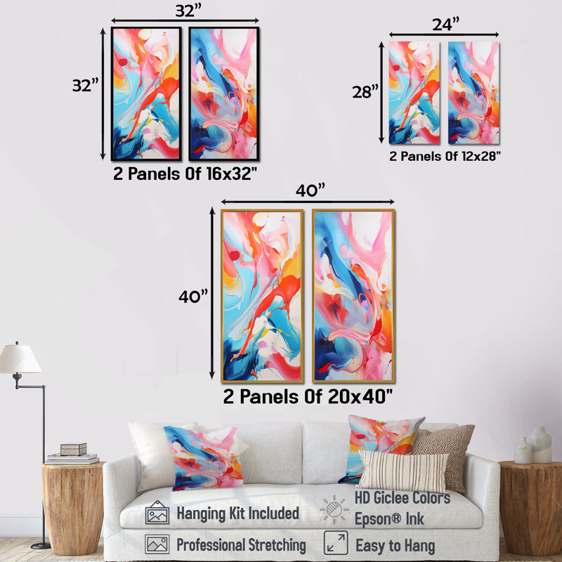 «Blue An Pink Paint Storm I», ensemble de 2 décorations murales à encre liquide abstraite, Cadre flottant noir