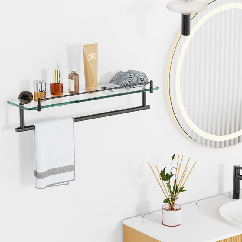 Étagère de salle de bain flottante en verre trempé 20 pouces avec barre à serviettes, Matte Black
