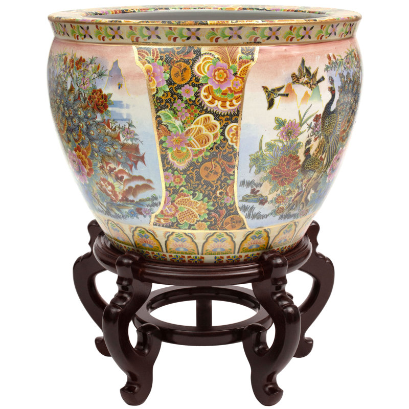 Satsuma Garden & Peacock Porcelain Fishbowl, 16.5" H x 20.5" W x 20" D, Birds and Flowers