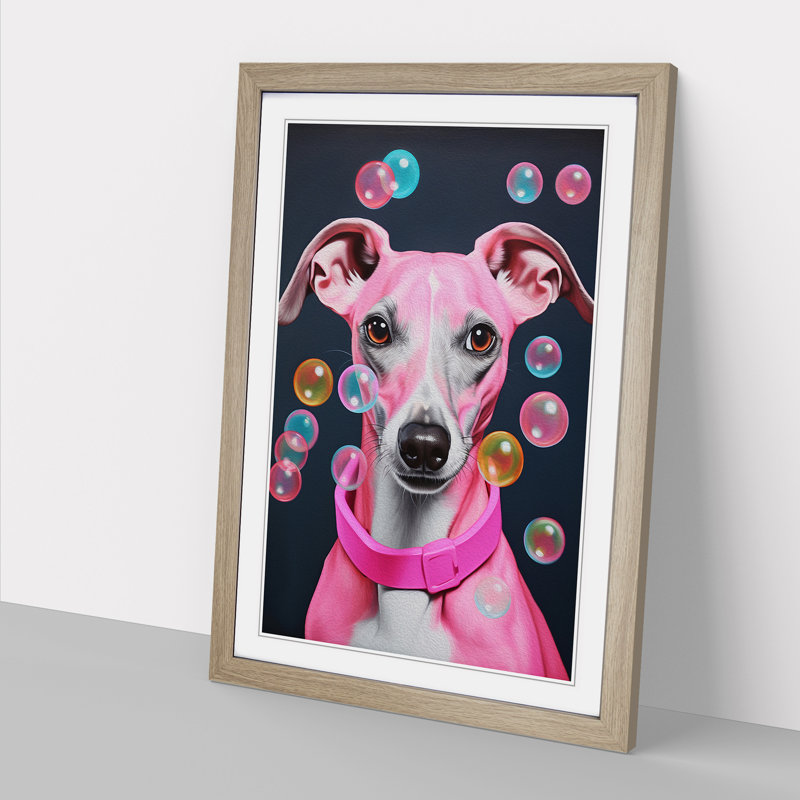 Whippet Bubble Gum Painting No.2 Framed Print, Oak , 34cm H x 25cm W x 2cm D