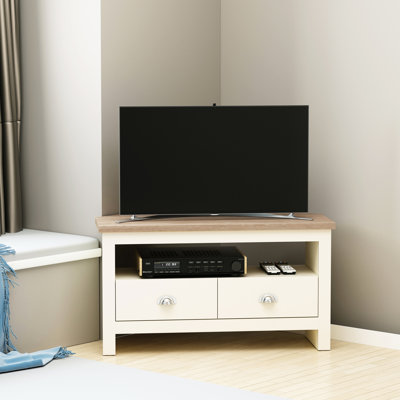 White Tv Stand For Corner Area, With Drawers And Open Storage Space, Fits Up To 50" Television Entertainment Living Room Corner, Compartment,