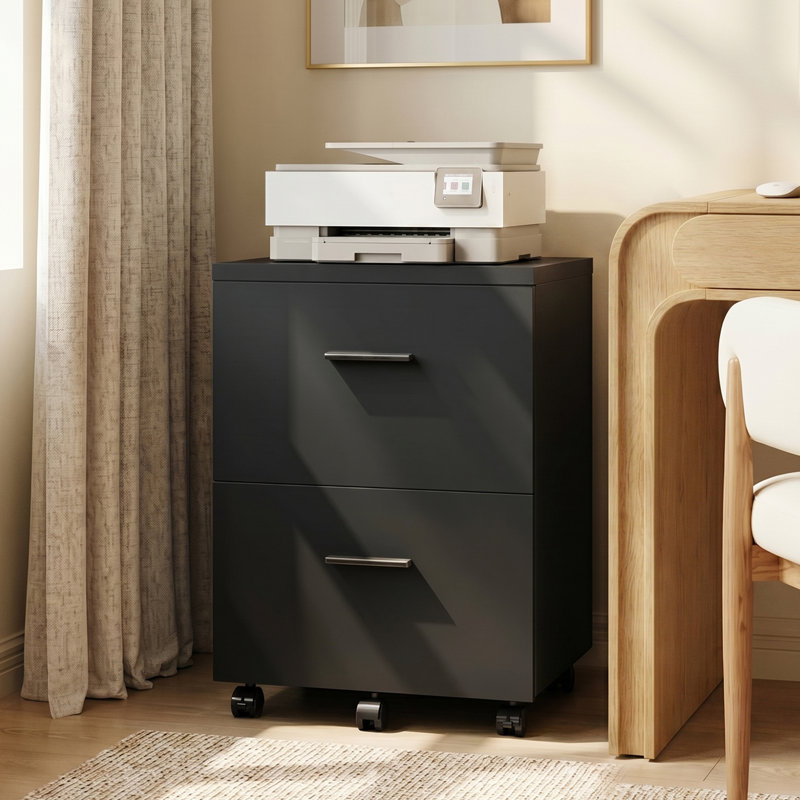 Ebern Designs 2 Drawer Mobile Filing Cabinet with Wheels, Wood File Cabinet for Home Office, Lockable Rolling File Cabinet Fits Letter/Legal Size, Printer Stand with Storage