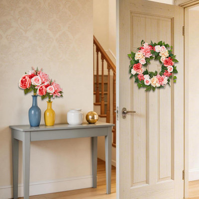 Couronne de pivoines et de dahlia de 18 pouces avec verdure luxuriante, couronne de fleurs artificielle avec base en rotin véritable, comprend 2 bouquets assortis, 18 22 24 pouces pour la décoration de la porte d'entrée