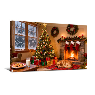 Christmas Christmas Tree Fireplace Dog Cookies Milk Window Wreaths Lights