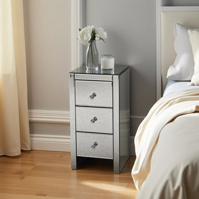 Mirrored Glass Bedside Table with Three Drawers