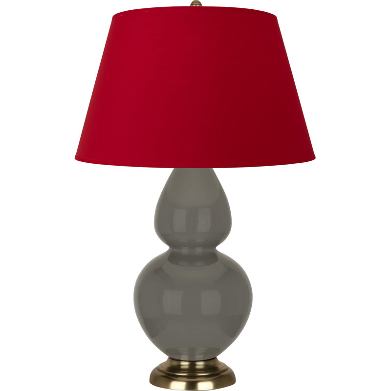 Lampe de table double gourde en céramique, Bois de frêne verni / laiton, Blanc cassé, Laiton