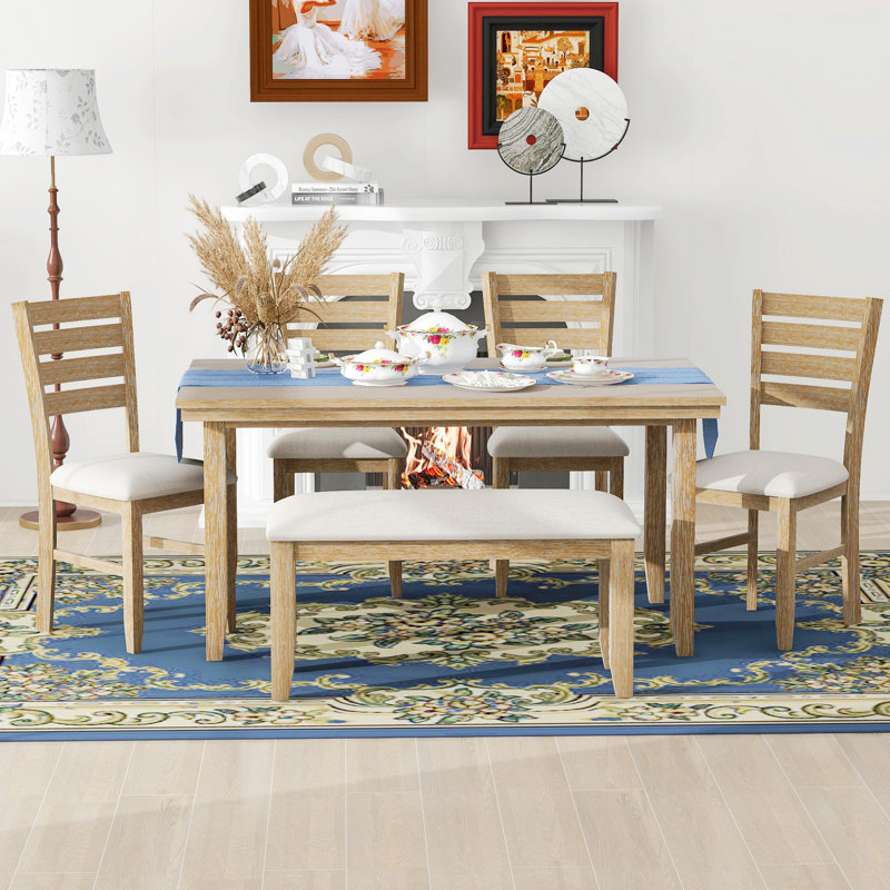 Table de salle à manger avec chaises et banc, ensemble de table à manger pour la maison, Bois naturel délavé