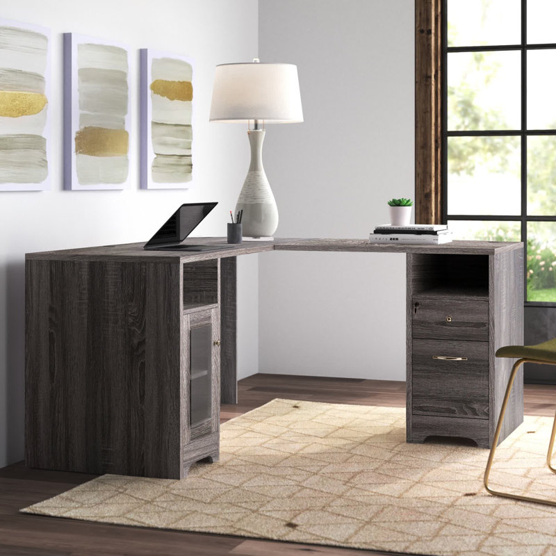 Travis L-Shaped Executive Desk with Power Outlet, Dark Grey